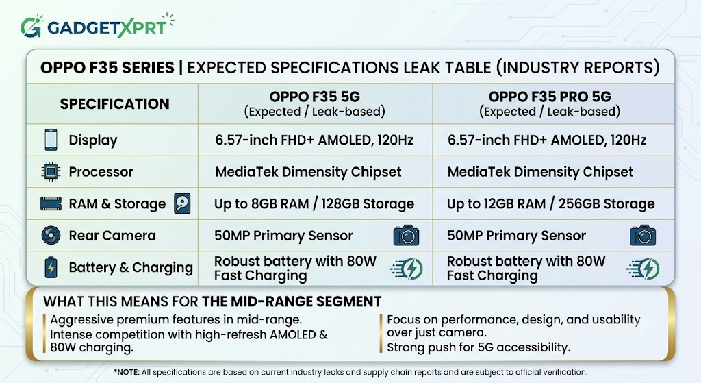 Expected specifications leak table for OPPO F35 5G and OPPO F35 Pro smartphones