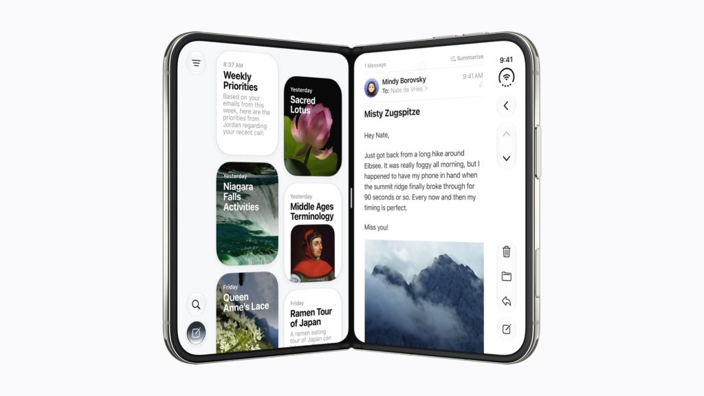 iPhone Duo unfolded inner display showing multitasking on iOS 27