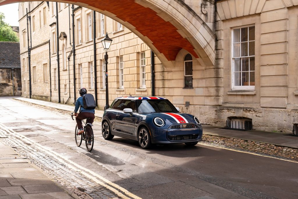 MINI Cooper Oxford Edition India front profile with white contrast roof and Union Jack graphic