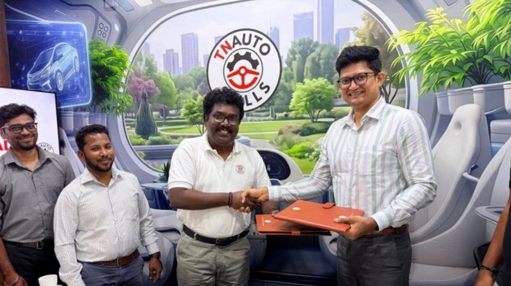 TN AutoSkills and O2V Private Limited leadership exchanging MoU for AI hyperautomation